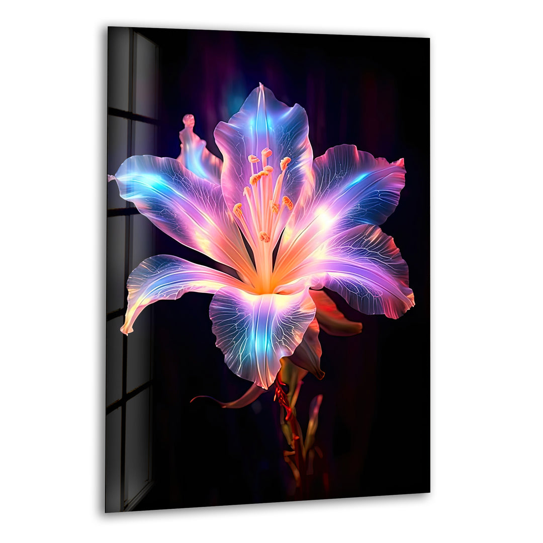 Neon Lily Flower Glass Wall Art, print on glass, glass printed photos