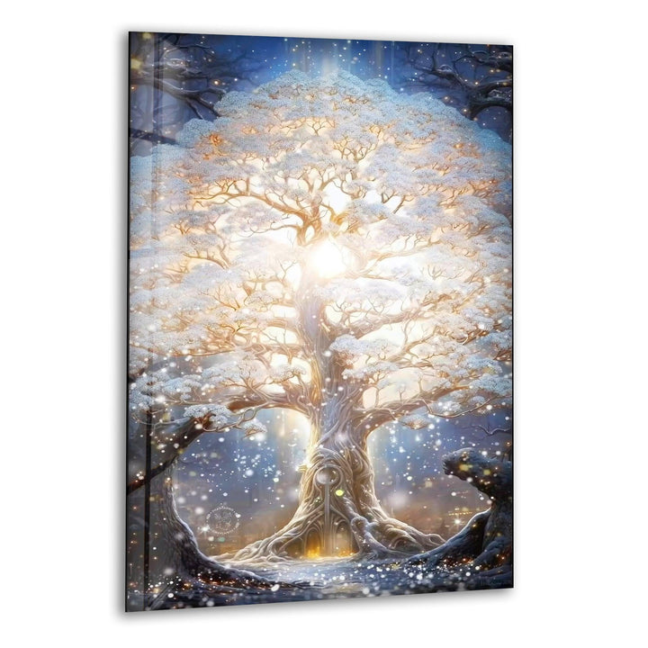 Glowing Blossom Oak Tree Glass Wall Art, print on glass, glass printed photos