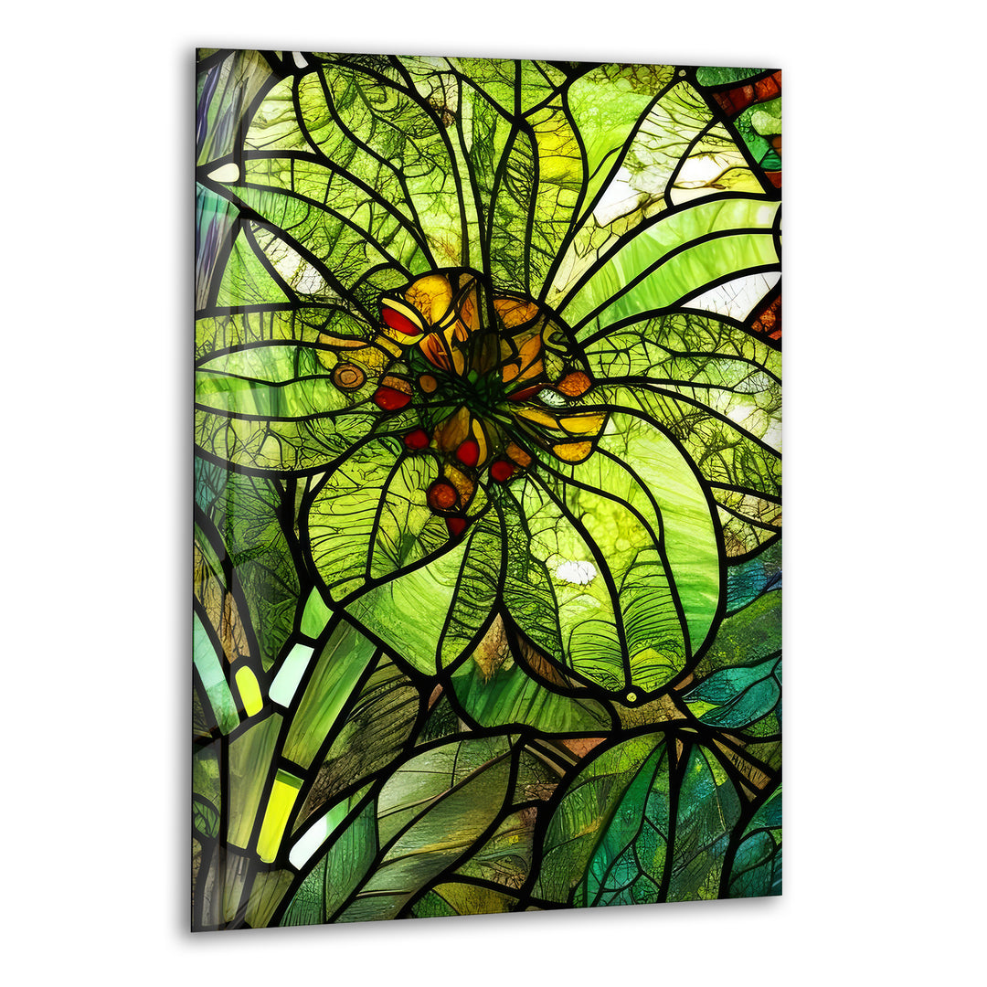 Green Flower Stained Glass Wall Art, print picture on glass, Tempered Glass Wall Art