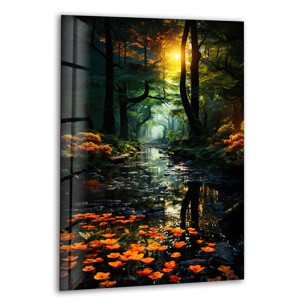 Trees & Flowers in Forest Glass Wall Art photo print on glass, prints on glass wall art