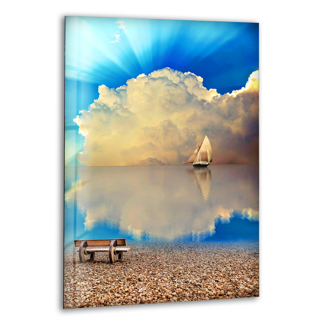 Sailboat Clouds Sea Glass Wall Art print picture on glass, Tempered Glass Wall Art