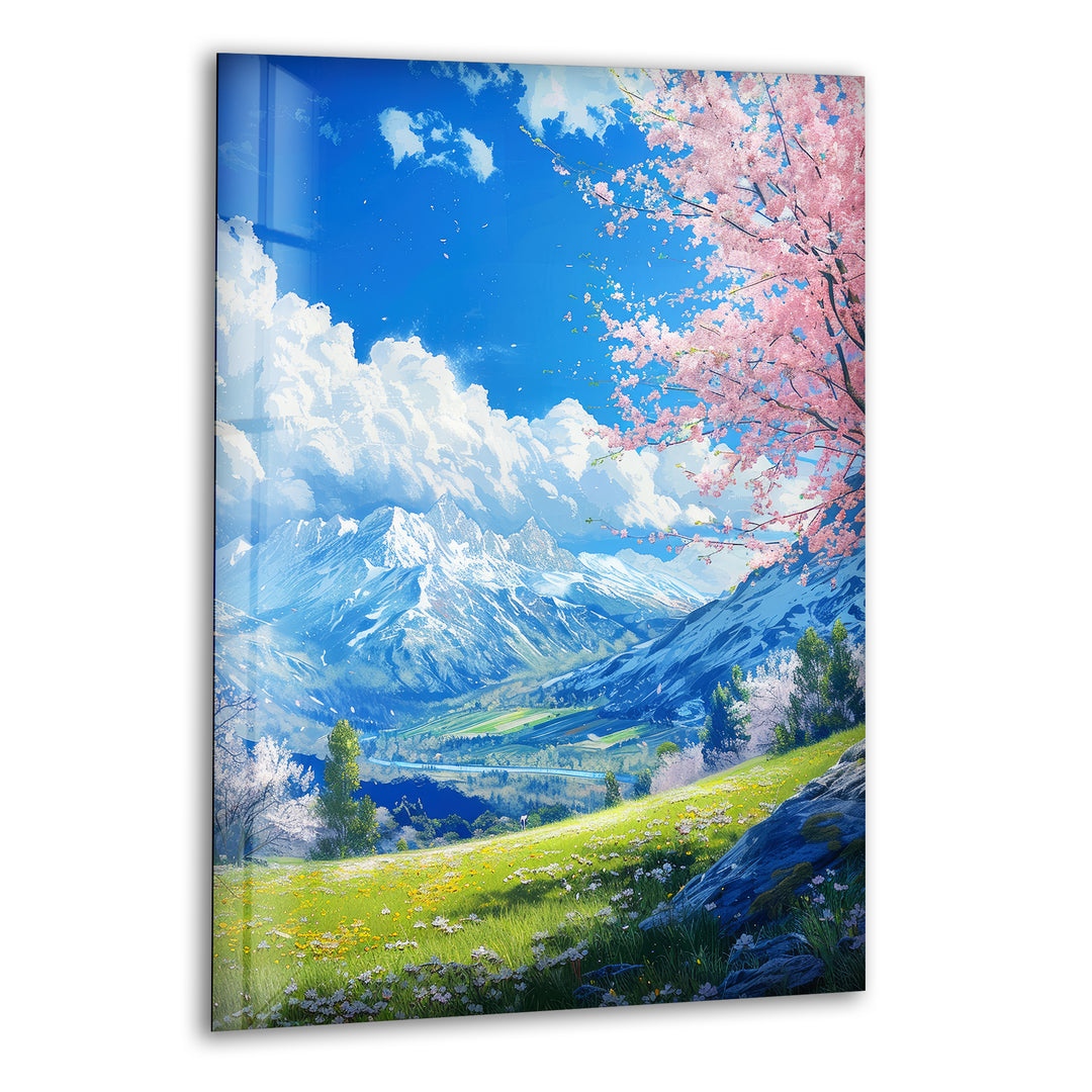 Mountains & Sakura Landscape Glass Wall Art large glass photo prints, glass wall photos