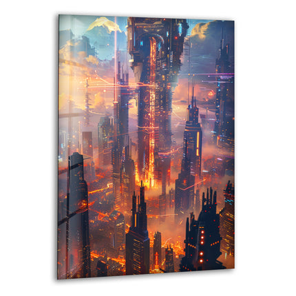 Sci-Fi Magic Skyline Glass Wall Art, glass art painting, glass art for the Wall