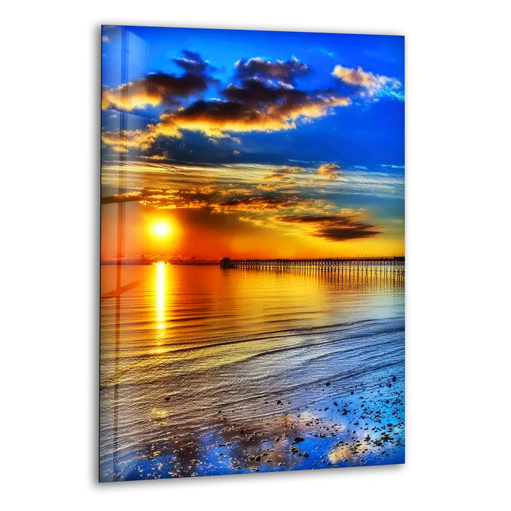 Bridge On The Ocean Sunset Glass Wall Art print picture on glass, Tempered Glass Wall Art