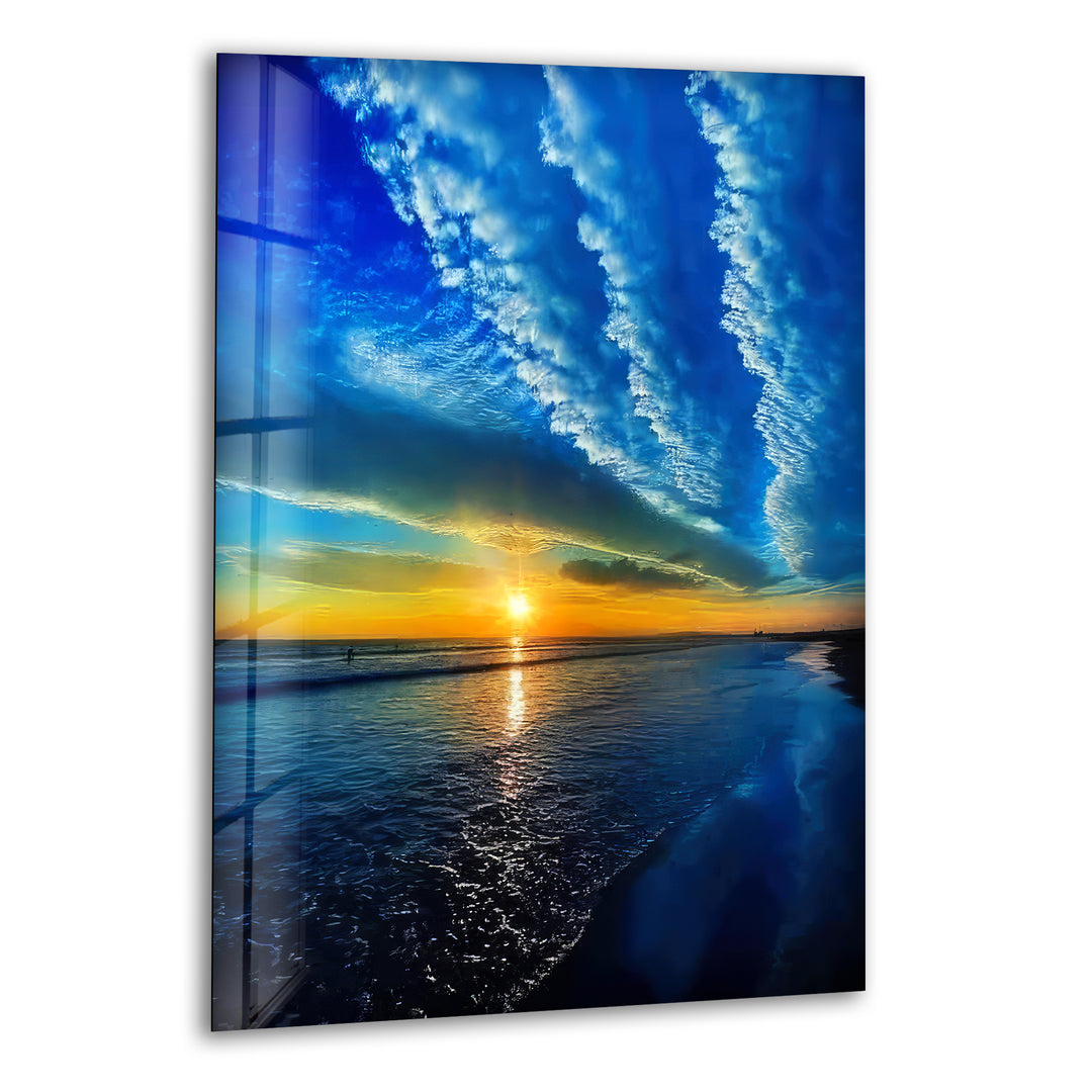 Sunset Over Blue Sea Glass Wall Art print picture on glass, Tempered Glass Wall Art