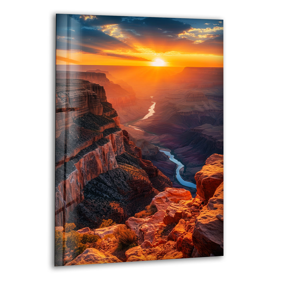 Stunning Grand Canyon glass wall art featuring a breathtaking sunset view.
