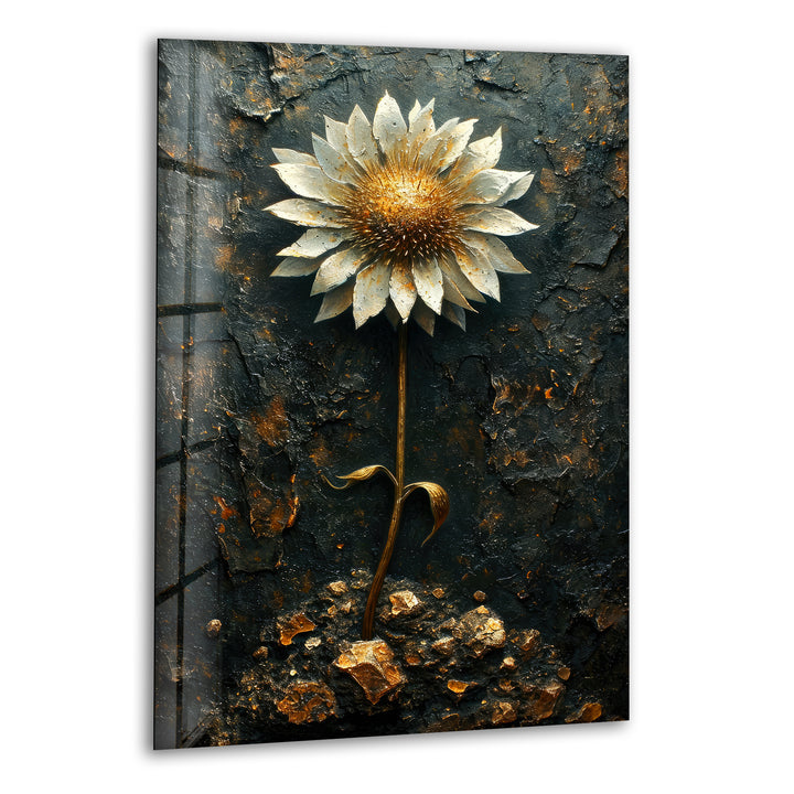 Sunflower With Gold Leaves Glass Wall Art, print on glass, glass printed photos