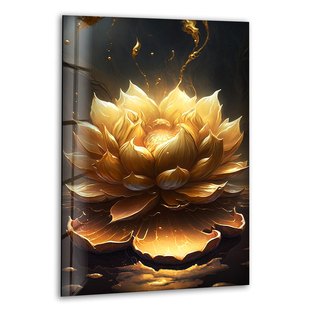 Golden Flower Black Background Glass Wall Art, print on glass, glass printed photos