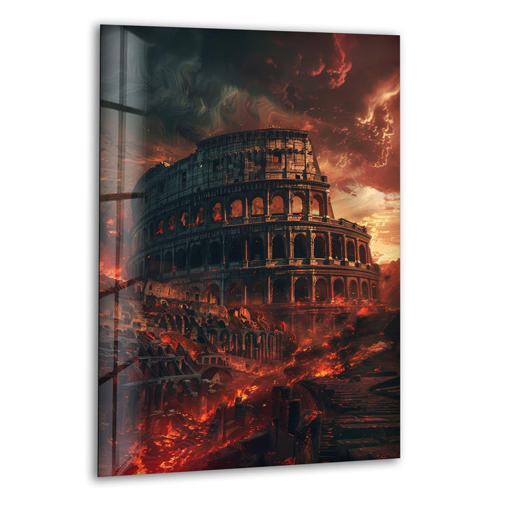 Burning Colosseum View Glass Wall Art, glass art painting, glass art for the Wall