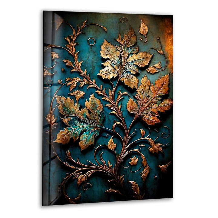 Copper Relief Leaves Glass Wall Art, print picture on glass, Tempered Glass Wall Art