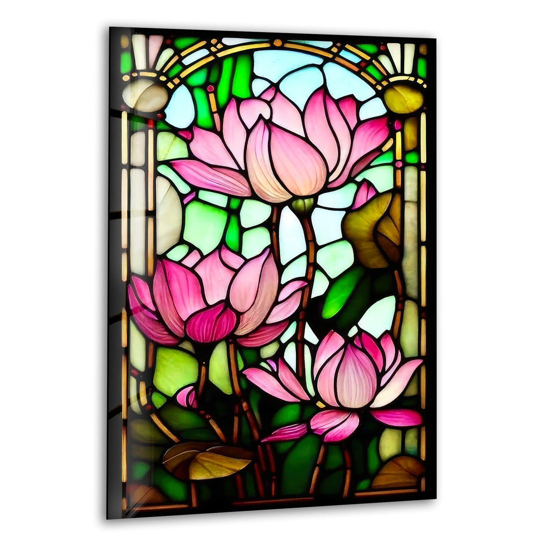 Stained Glass Pink Water Lily Glass Wall Art, print picture on glass, Tempered Glass Wall Art