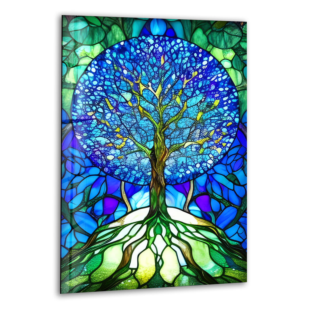 Stained Glass Of Tree Of Life In Blue Glass Wall Art, print picture on glass, Tempered Glass Wall Art