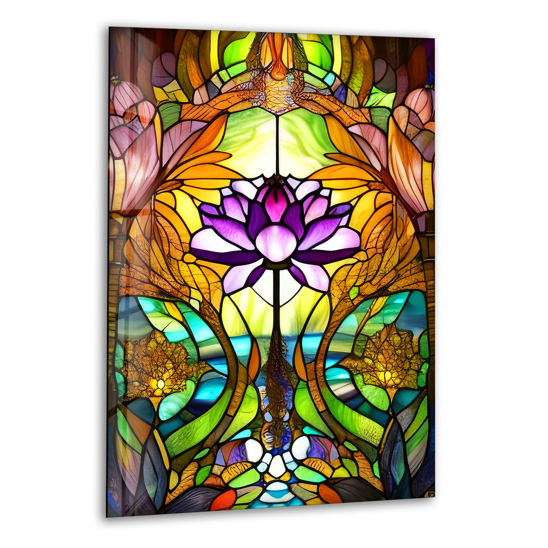 Stained Glass Lotus Flower Glass Wall Art, print picture on glass, Tempered Glass Wall Art