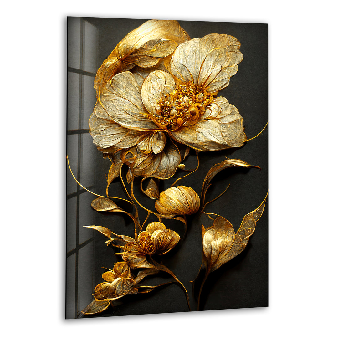 Elegant Golden Flower Glass Wall Art, print picture on glass, Tempered Glass Wall Art