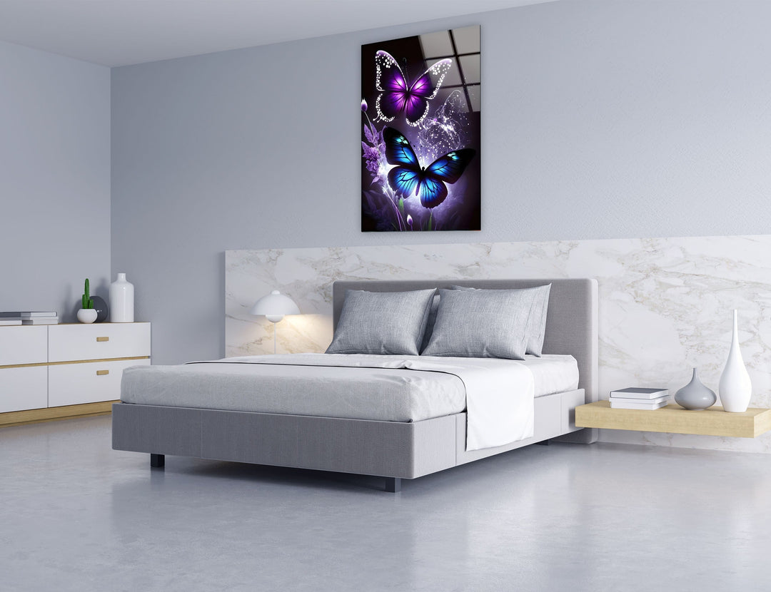 Blue & Purple Butterfly Glass Wall Art large glass photo prints, glass wall photos
