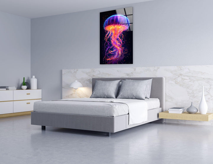 Jelly Fish Color Neon Glass Wall Art glass image printing, glass prints from photos
