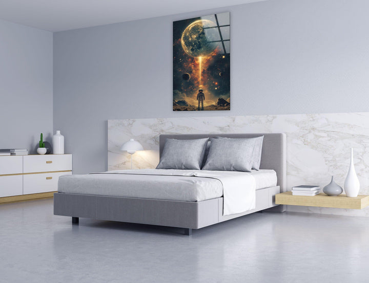 Astronaut Walking on Moon Glass Wall Art photo print on glass, prints on glass wall art
