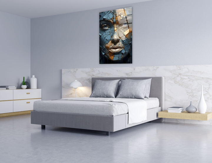 Blue Cracked Design Woman Glass Wall Art large glass photo prints, glass wall photos
