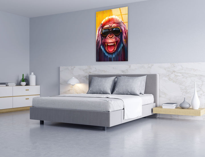 Crazy Monkey with Glasses Glass Wall Art custom glass pictures, glass art prints
