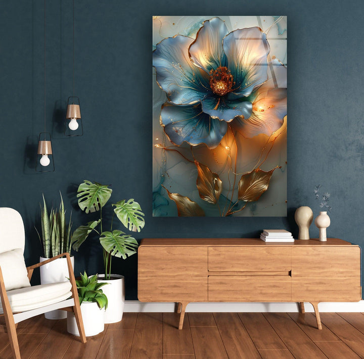 Blue & Orange Vivid Flower Glass Wall Art large glass photo prints, glass wall photos
