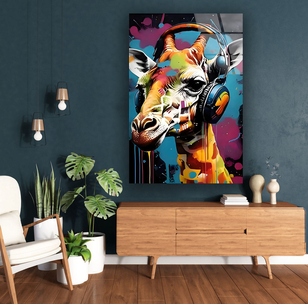 Giraffe with Headphones Glass Wall Art glass image printing, glass prints from photos
