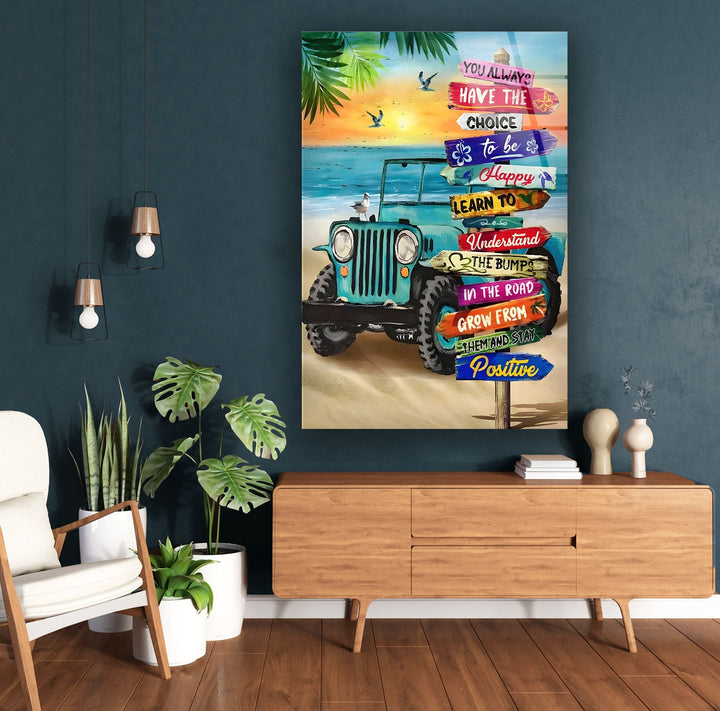 Tropical Beach & Jeep Glass Wall Art photo print on glass, prints on glass wall art
