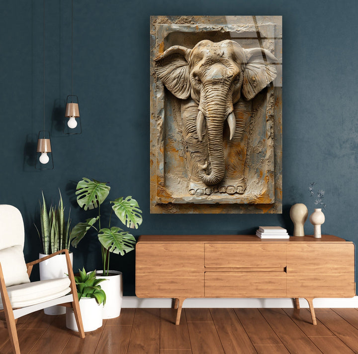 3D Elephant Stone Art Glass Wall Art print on glass, glass printed photos
