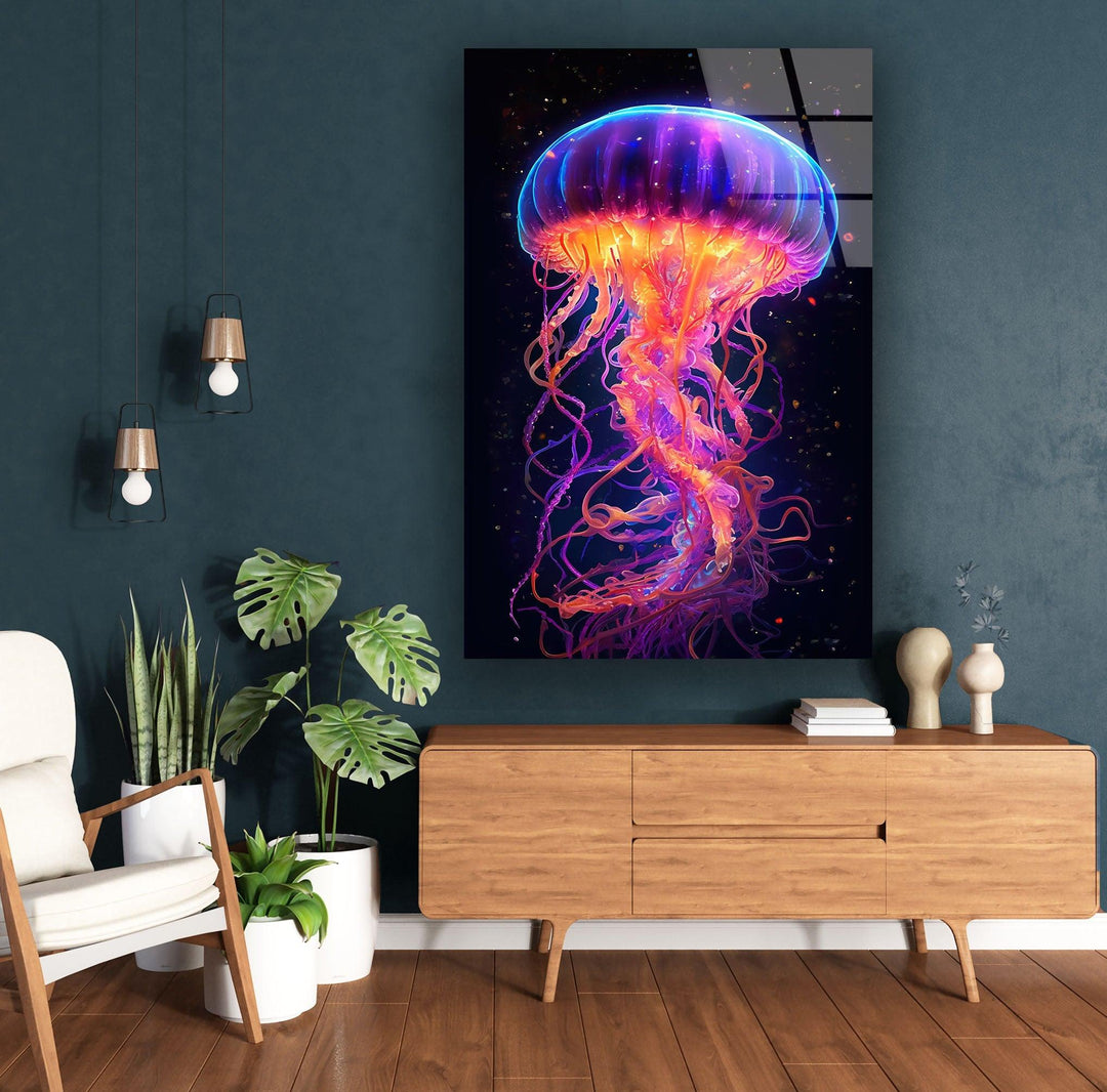 Jelly Fish Color Neon Glass Wall Art custom glass pictures, glass art prints
