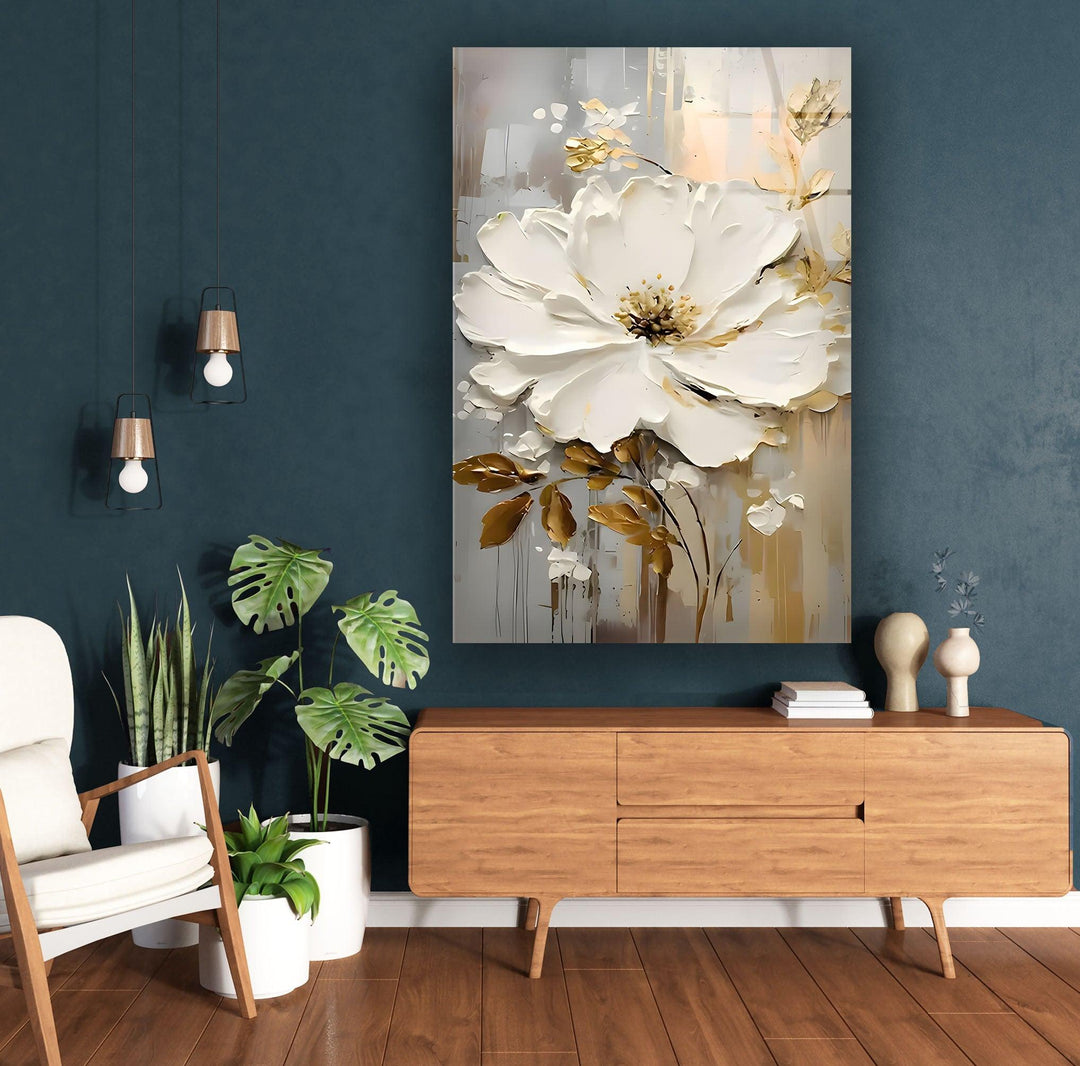 White and Brown Oil Art Flower Glass Wall Art photo print on glass, prints on glass wall art
