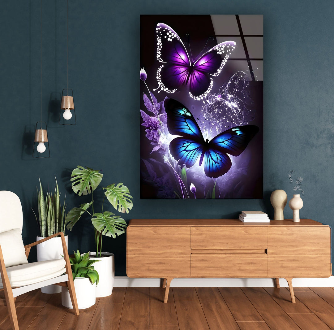 Blue & Purple Butterfly Glass Wall Art photo print on glass, prints on glass wall art
