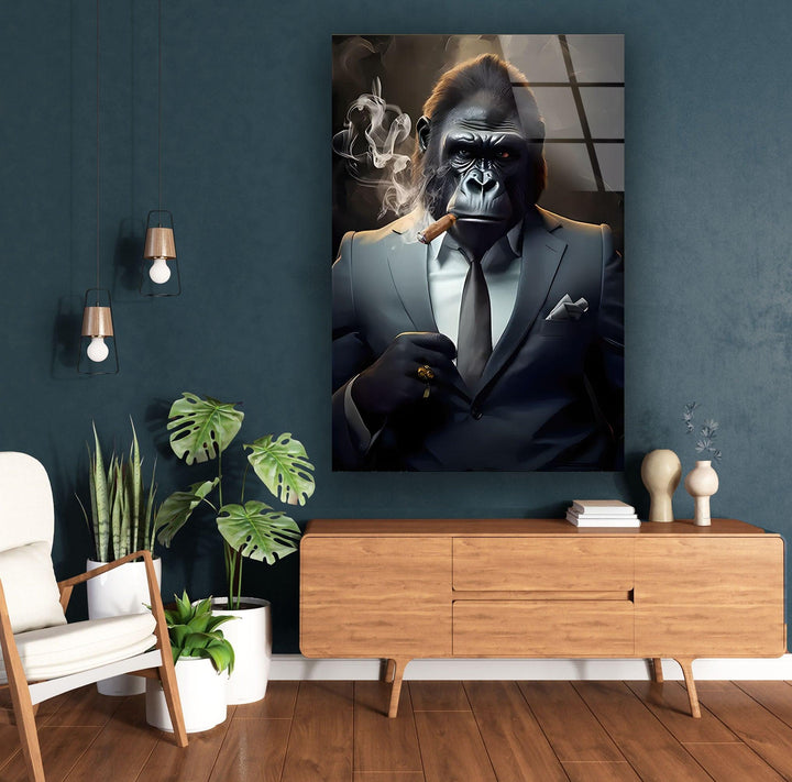 Gorilla Smoking Glass Wall Art print on glass, glass printed photos
