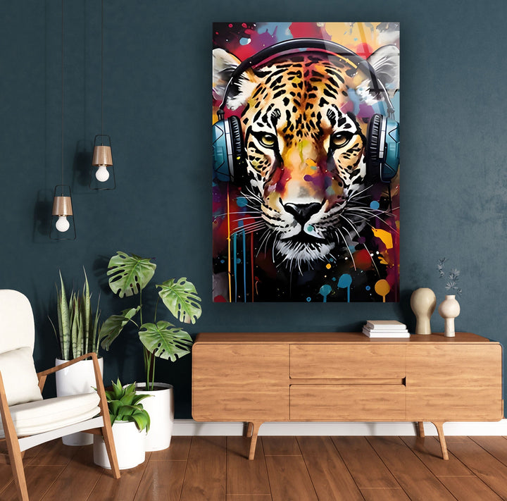 Leopar with Headphones Glass Wall Art glass pictures for Wall, glass prints wall art
