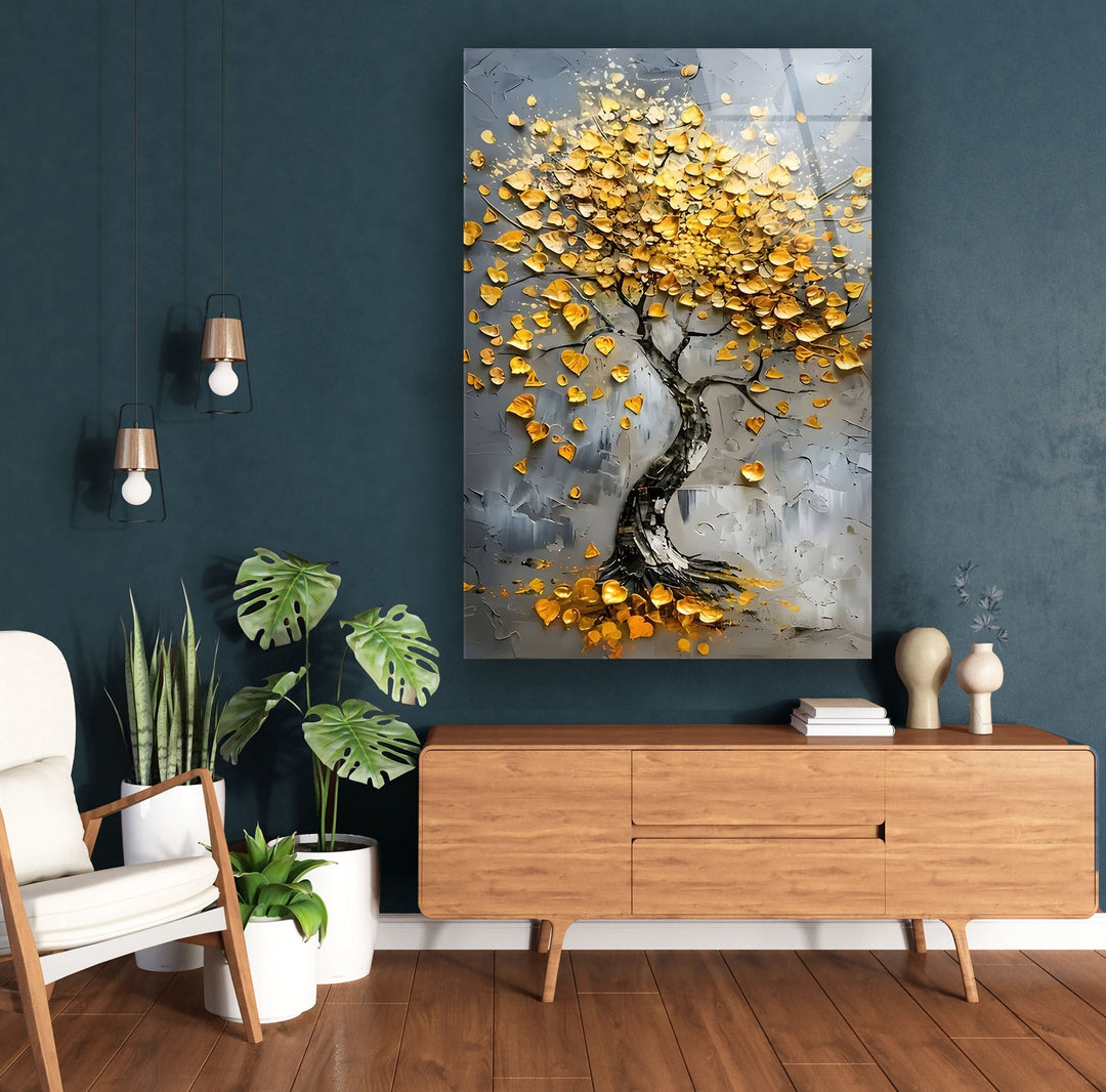 Tree With Golden Leafs Glass Wall Art photo print on glass, prints on glass wall art
