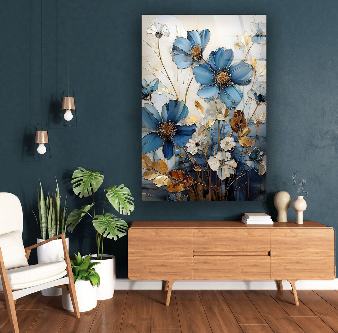 Blue & White Botanical Glass Wall Art large glass photo prints, glass wall photos
