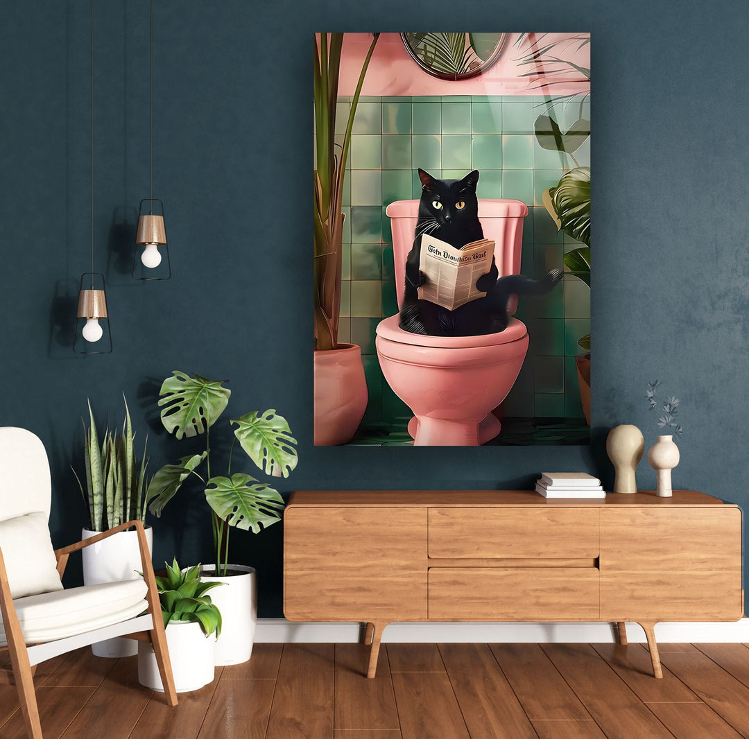 Cat Reading on Toilet Glass Wall Art picture on glass wall art, photos printed on glass
