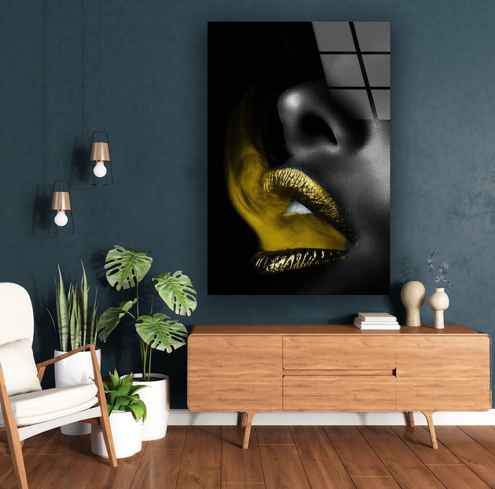 Black Woman and Yellow Lips Glass Wall Art large glass photo prints, glass wall photos
