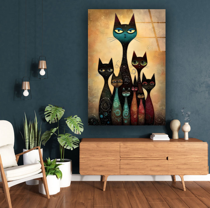 Cat Family Portrait Glass Wall Art print picture on glass, Tempered Glass Wall Art
