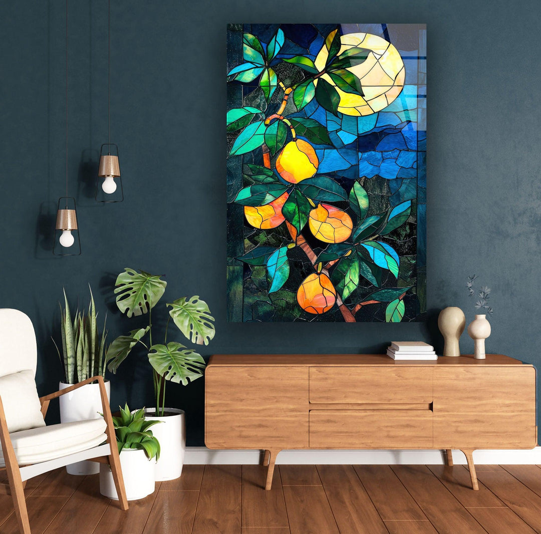 Midnight Mango Tree Glass Wall Art picture on glass wall art, photos printed on glass
