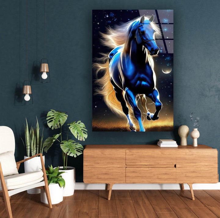 Blue Night Running Horse Glass Wall Art stained glass wall art, stained glass wall decor
