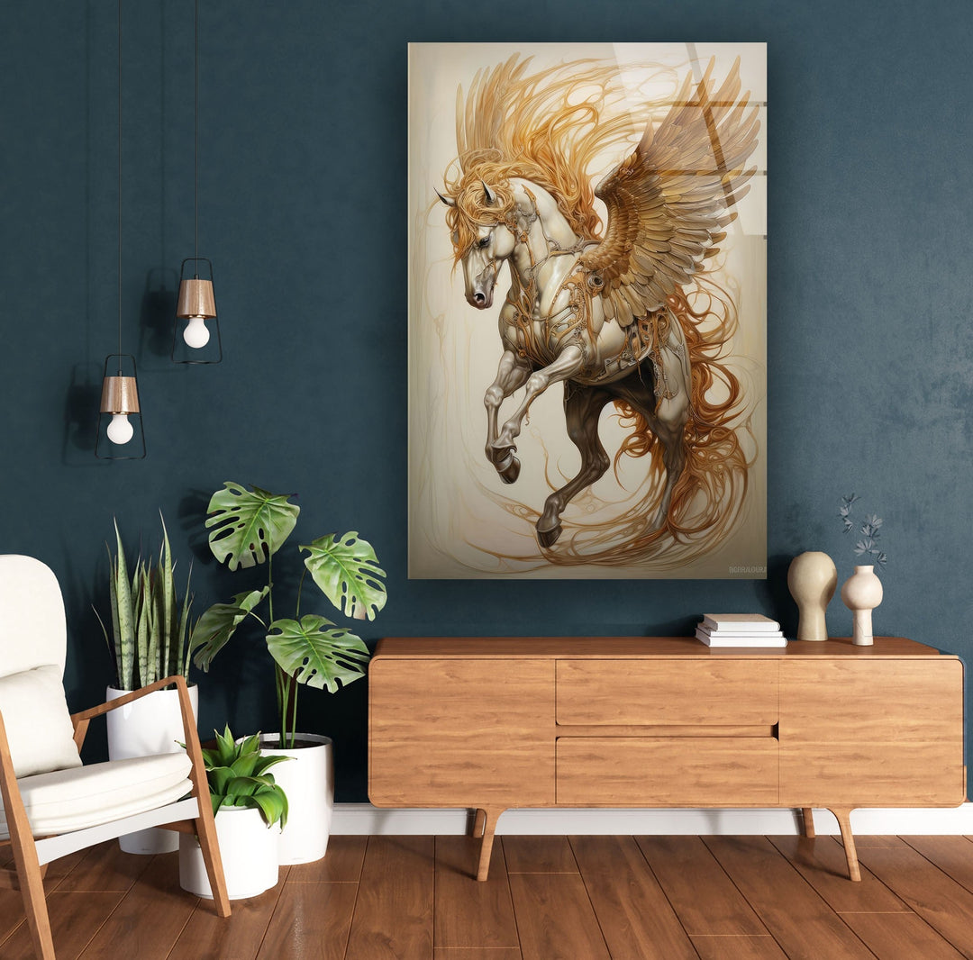 Brown Winged Horse Glass Wall Art Glass Printing Wall Art, Print photos on glass
