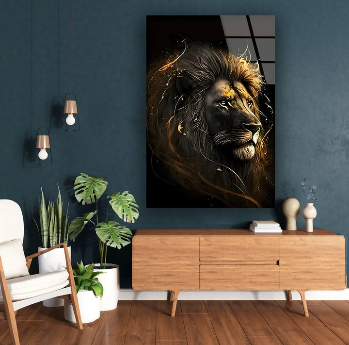 Black Gold Lion Glass Wall Art print picture on glass, Tempered Glass Wall Art
