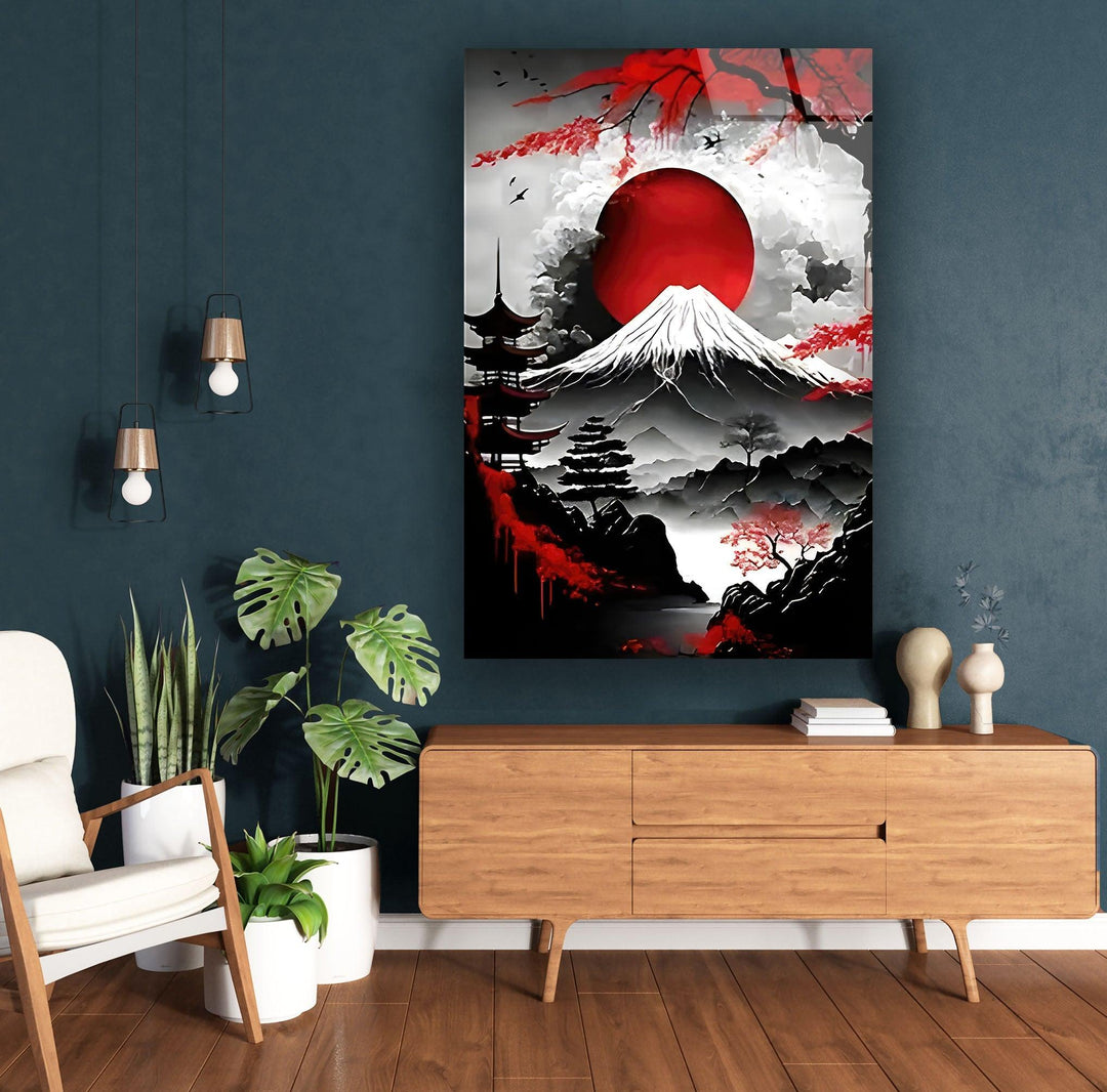 Red Moon & Mountain Glass Wall Art glass photo prints, glass picture prints
