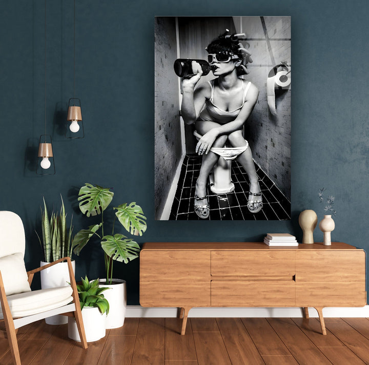 Drunk Woman in Toilet Glass Wall Art print on glass, glass printed photos
