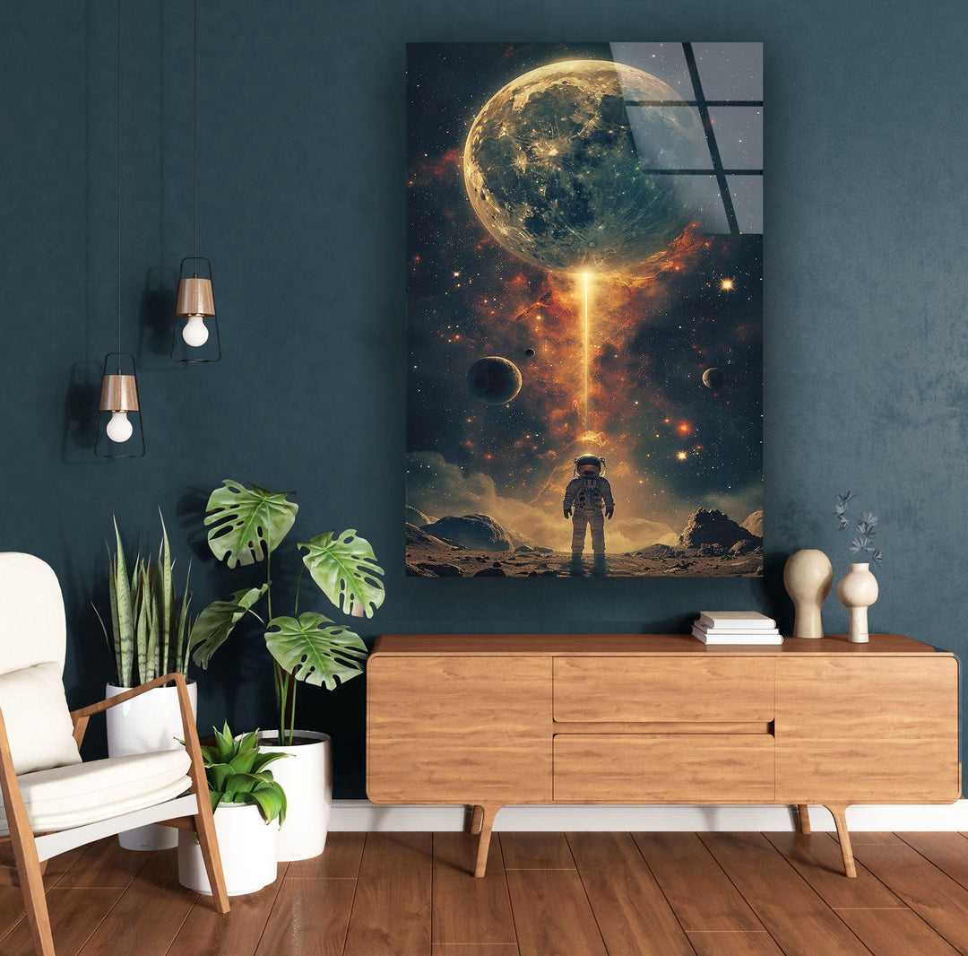 Astronaut Walking on Moon Glass Wall Art custom glass pictures, glass art prints
