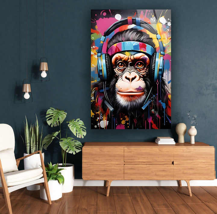 Monkey with Headphones Glass Wall Art glass pictures for Wall, glass prints wall art
