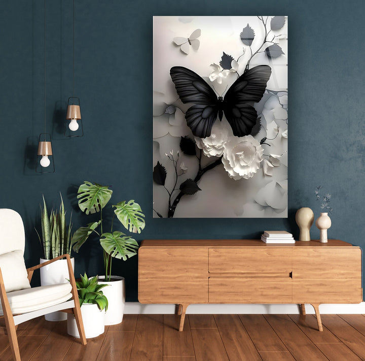 Black Butterfly & Flowers Glass Wall Art custom glass pictures, glass art prints
