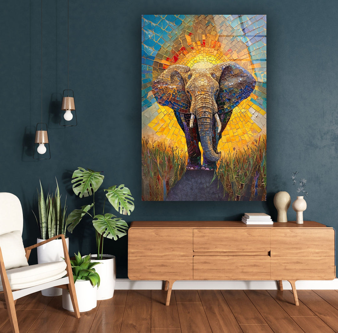 Mosaic Elephant Glass Wall Art print picture on glass, Tempered Glass Wall Art
