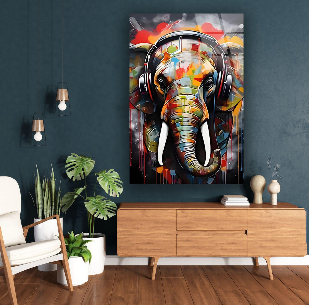 Elephant with Headphones Glass Wall Art picture on glass wall art, photos printed on glass
