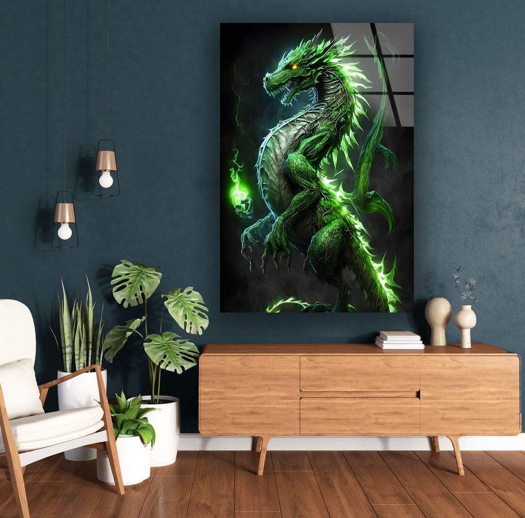 Enchanted green dragon with glowing power, its body alight with fiery energy.
