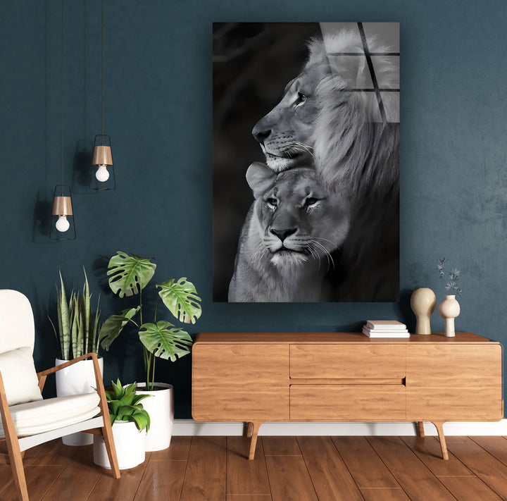 Black & White Lion Family Glass Wall Art custom glass pictures, glass art prints
